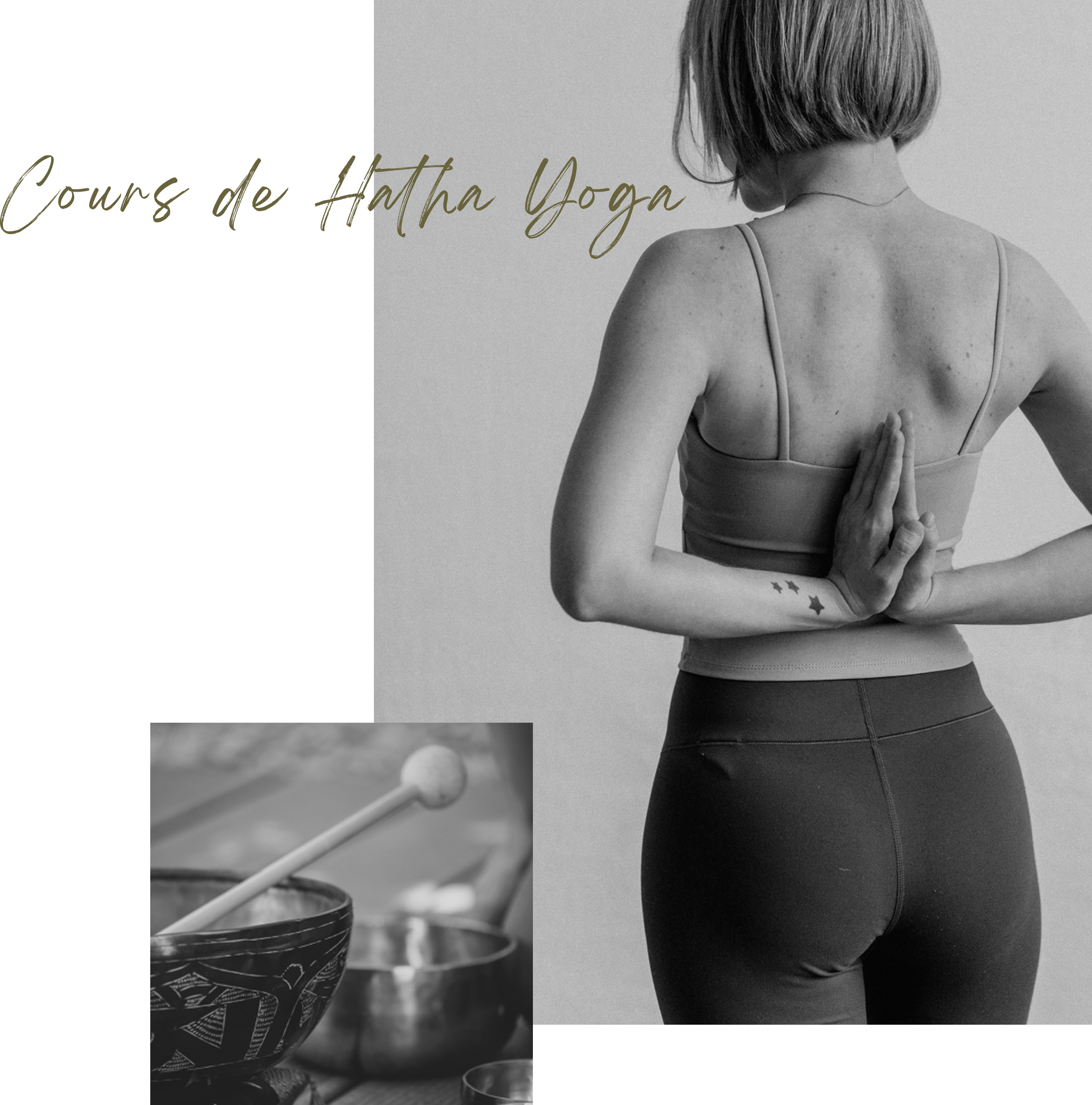 Personne vue de dos en posture de yoga, avec un bol chantant en vignette au premier plan