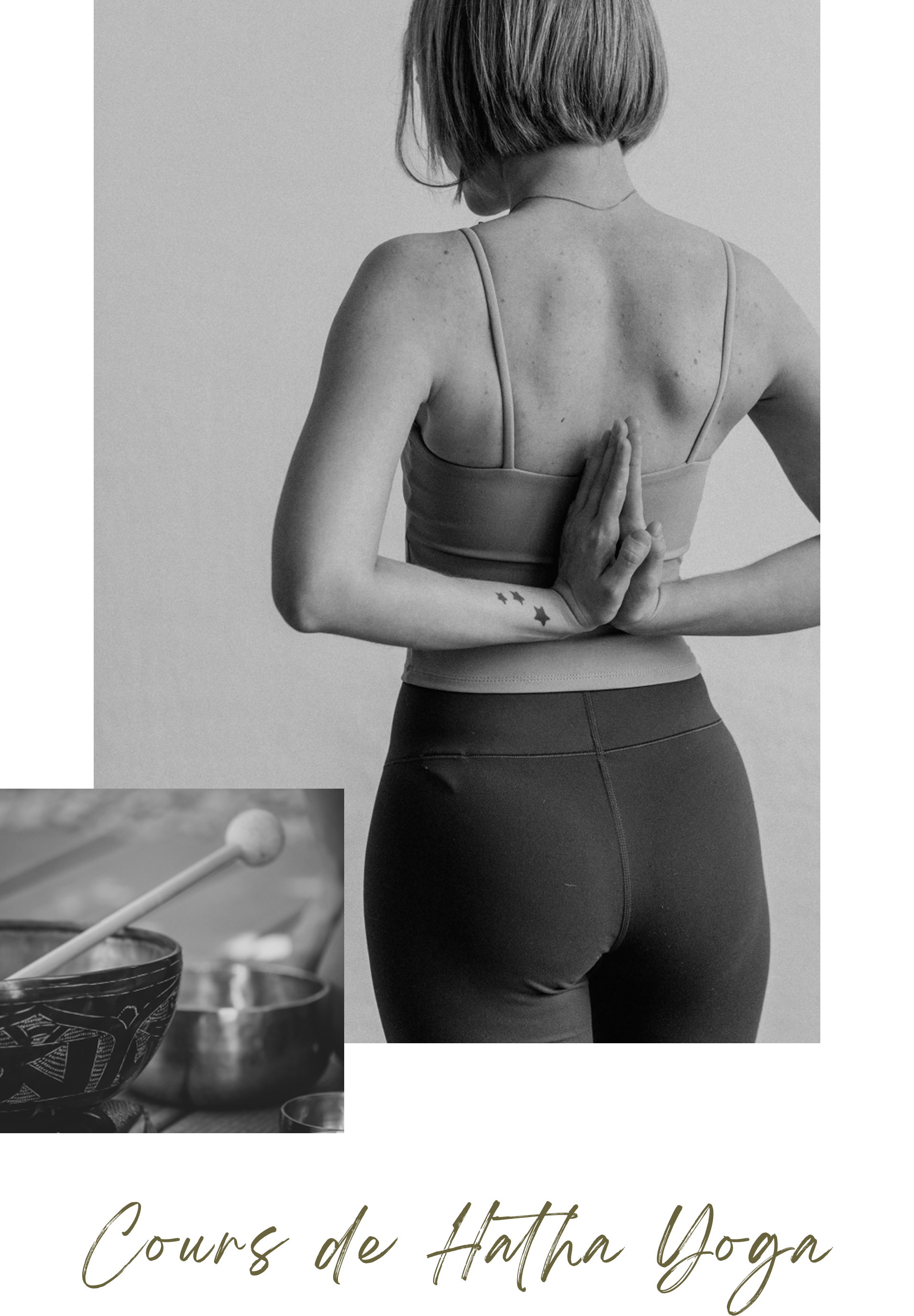 Personne vue de dos en posture de yoga, avec un bol chantant en vignette au premier plan