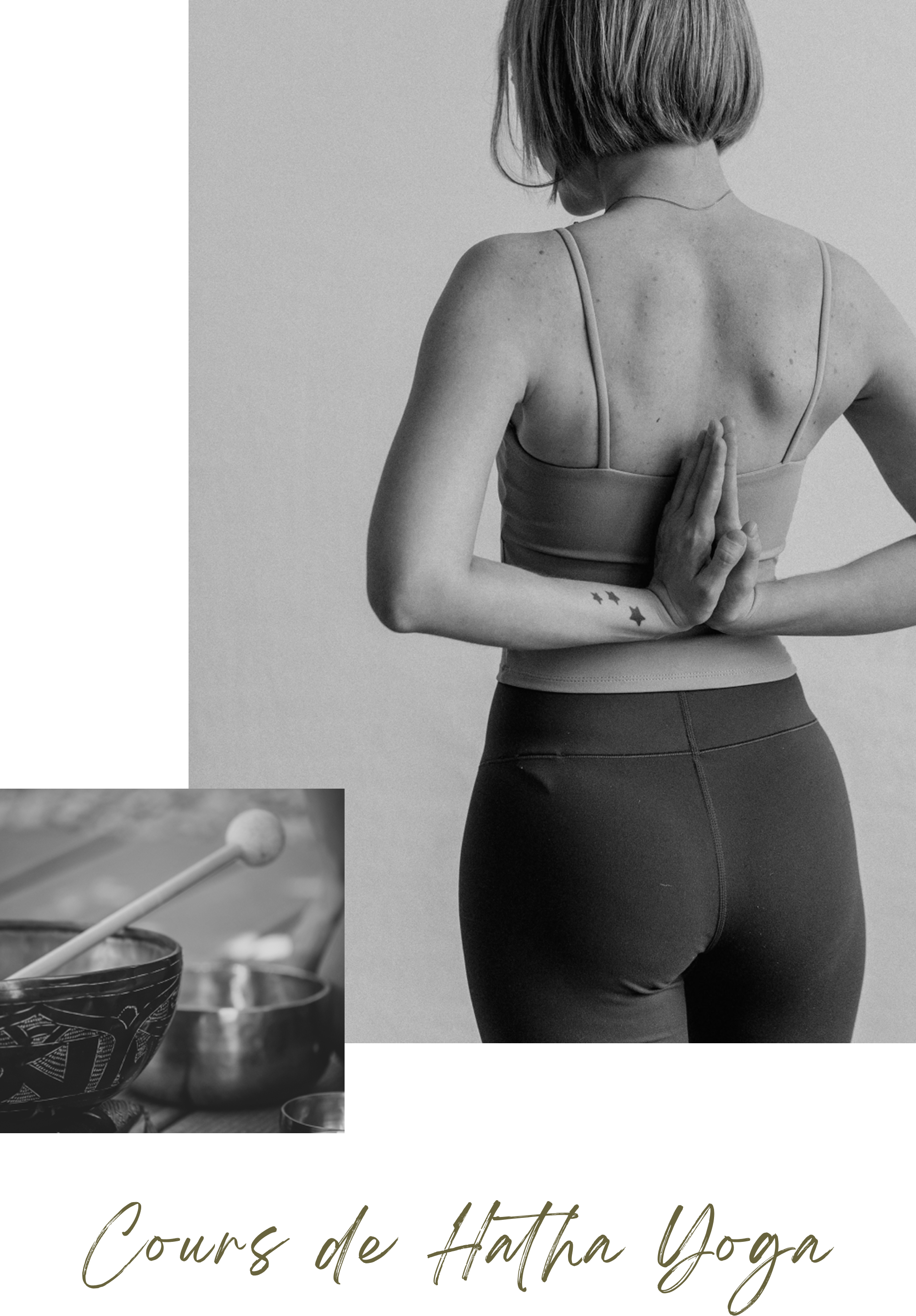 Personne vue de dos en posture de yoga, avec un bol chantant en vignette au premier plan